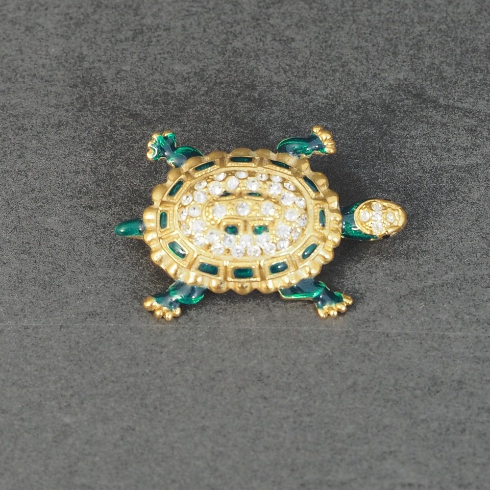 Roman Brooch Pin Turtle Figural Green Enamel Clear Rhinestone Gold Tone Vintage